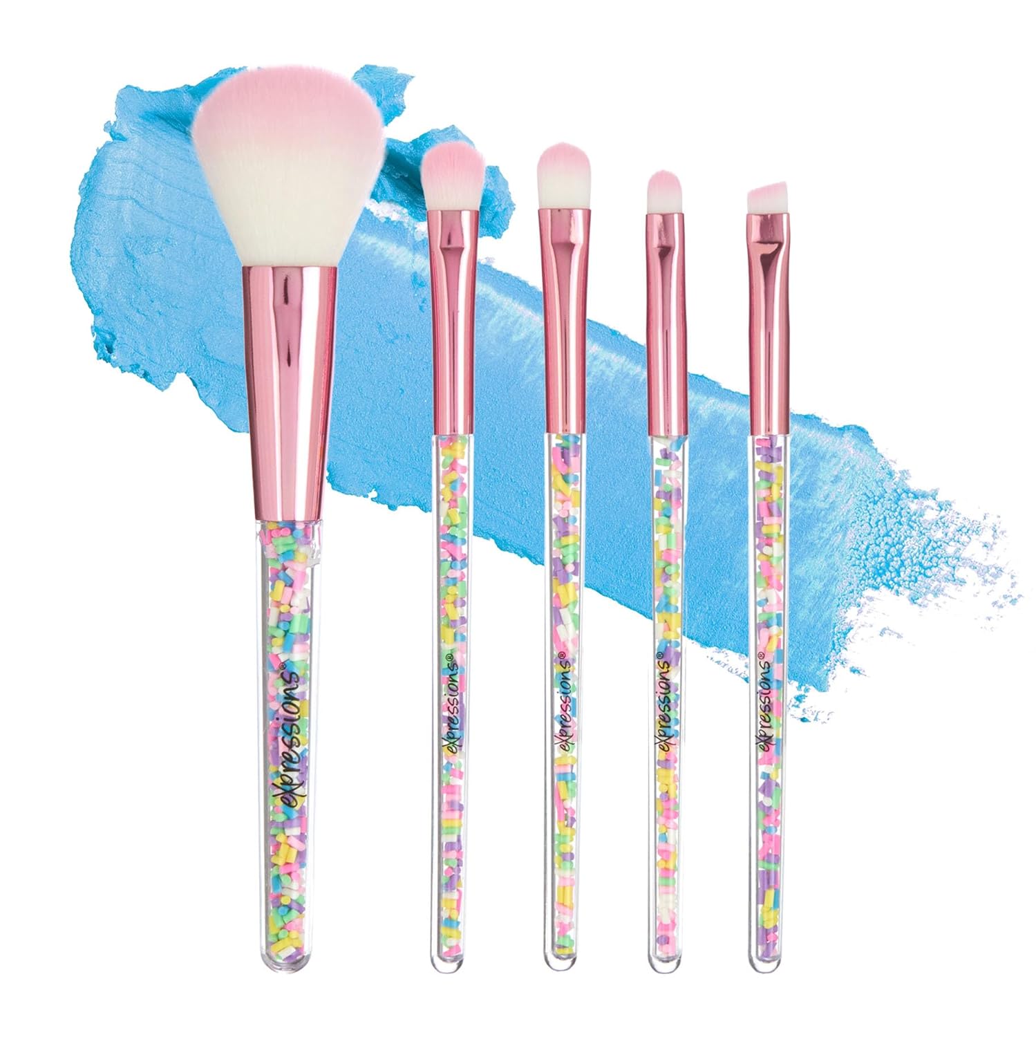 5pc Sprinkle Confetti Makeup Brush Set in Pink - Beautiful Makeup Brush Set w/Rainbow Sprinkles Handles, Dense Bristles | Premium Cosmetic Brushes