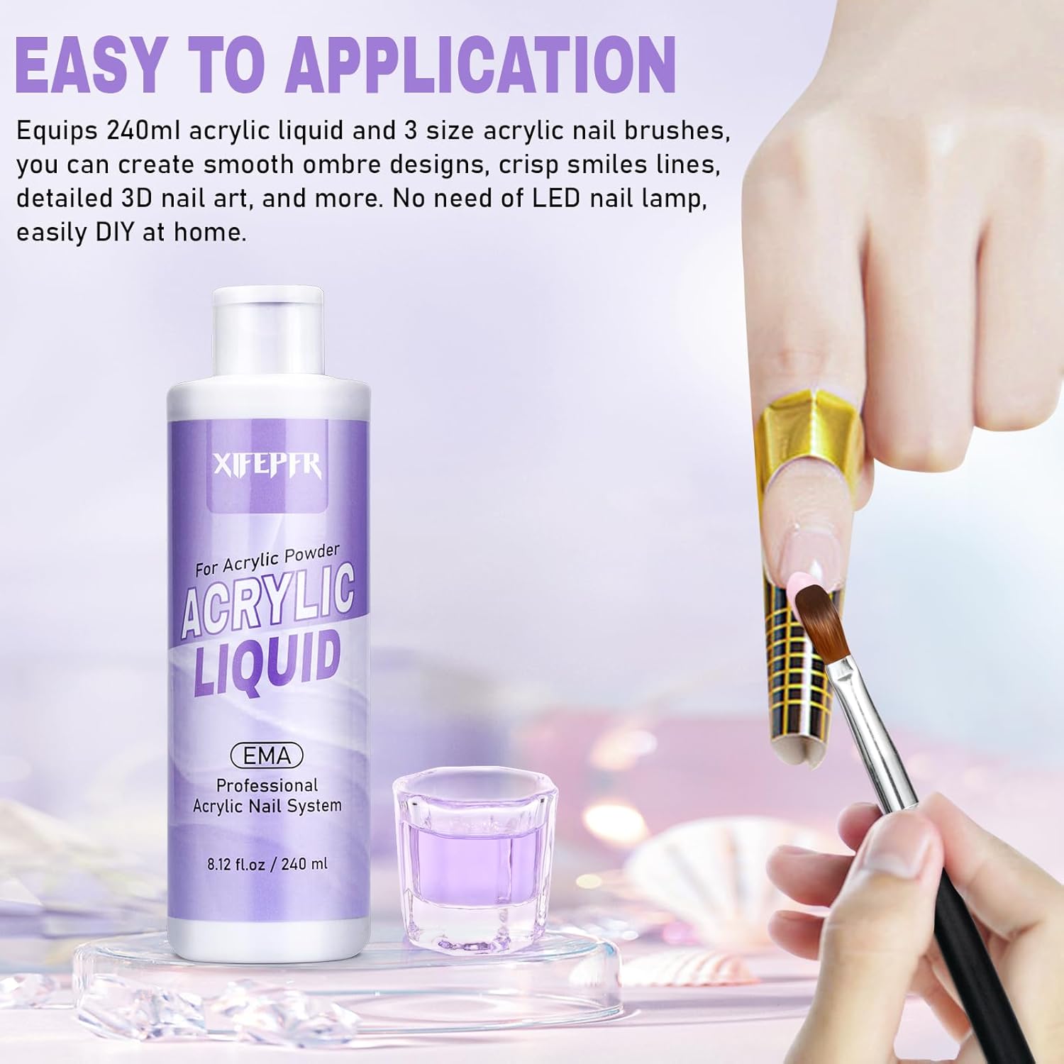 Monomer Acrylic Nail Liquid 8.12fl.oz with 3 Size Acrylic Brushes for Acrylic Powder, MMA-Free Non-Yellowing EMA Monomer Liquid for Acrylic Nail Extension & Carving, DIY Home & Nail Salon Use - Image 3