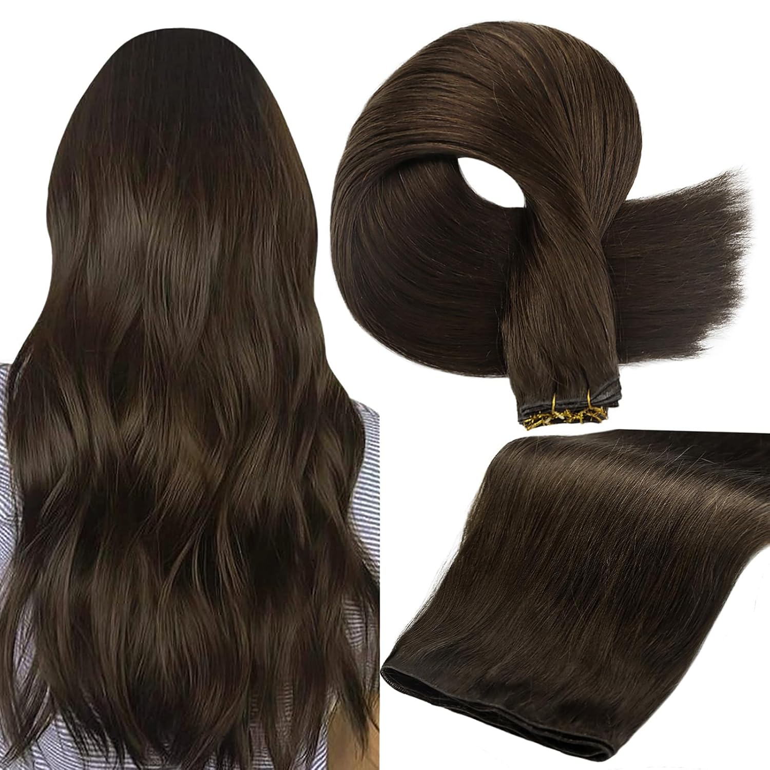 Full Shine Sew in Hand Tied Weft Hair Extensions Weft Extensions Human Hair Remy Human Hair Dark Brown Wefts Brazilian Hair For Women Invisible Weave Color #2 60 Gram 22 Inch