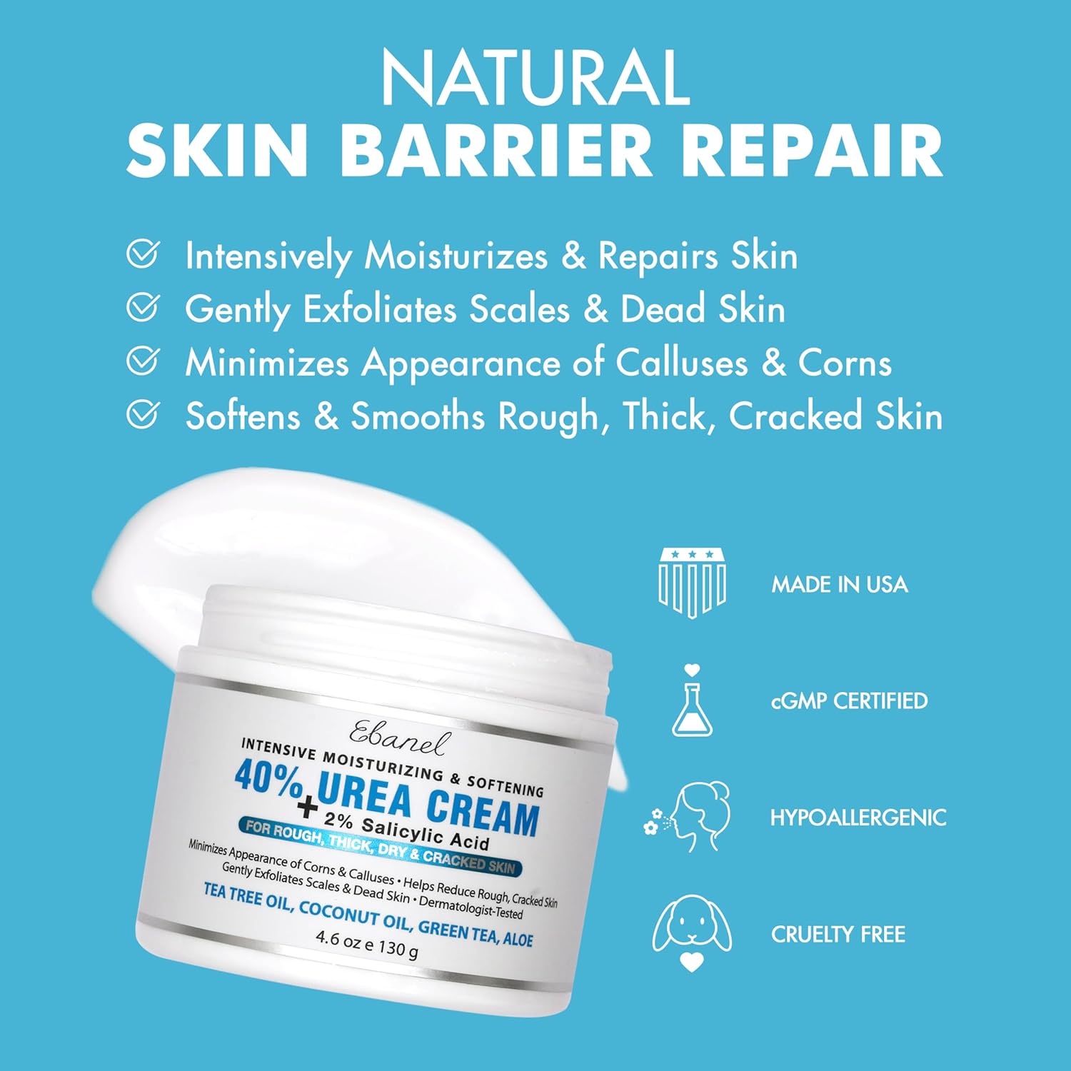 Ebanel Urea Cream 40% plus Salicylic Acid 2%, Foot Cream for Dry Cracked Heels Feet Knees Elbows Hands, Foot Dead Skin Cuticle Callus Remover Toenail Softener, Keratolytic Skin Barrier Repair - Image 3