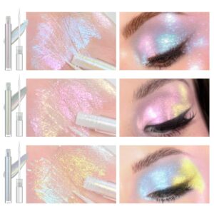 Multichrome Liquid Eyeshadow Set,3 Colors Multi-Dimensional Eye Liner Makeup,High Pigment Waterproof Metallic Eye Shadow,Ultre Fine Tip Glitter Eyeshadow (01 aurora+02 twilight+03 moonbow)