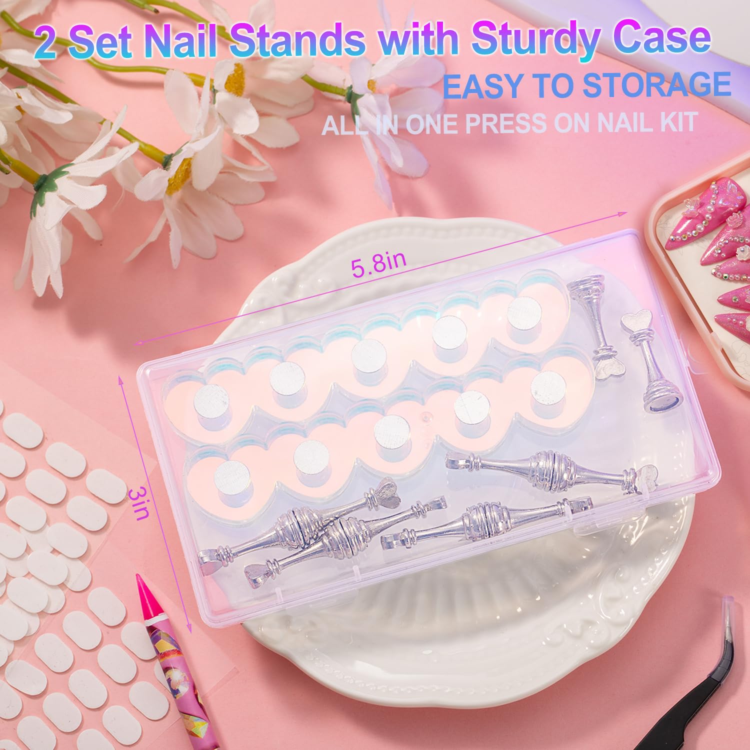 2 Set Nail Stands, Thickened Metal Nail Stand for Press Ons, Aurora Heart Nail Polish Holder for Painting, Fake Nail Display Stand Nail Practice Magnetic Nail Art Tools w/ 100Pcs Reusable Glue Tabs - Image 6