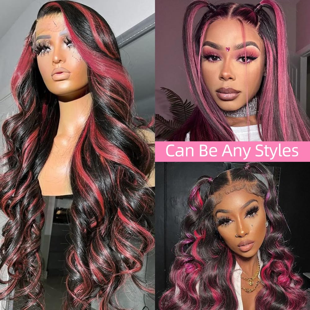 Ombre Lace Front Wig Human Hair 1B/Pink 13x4 Skunk Stripe Highlight Colored Wigs Human Hair Body Wave HD Frontal Wigs Human Hair Pink And Black Wig Glueless Wigs Human Hair 180% Density 22 Inch - Image 2