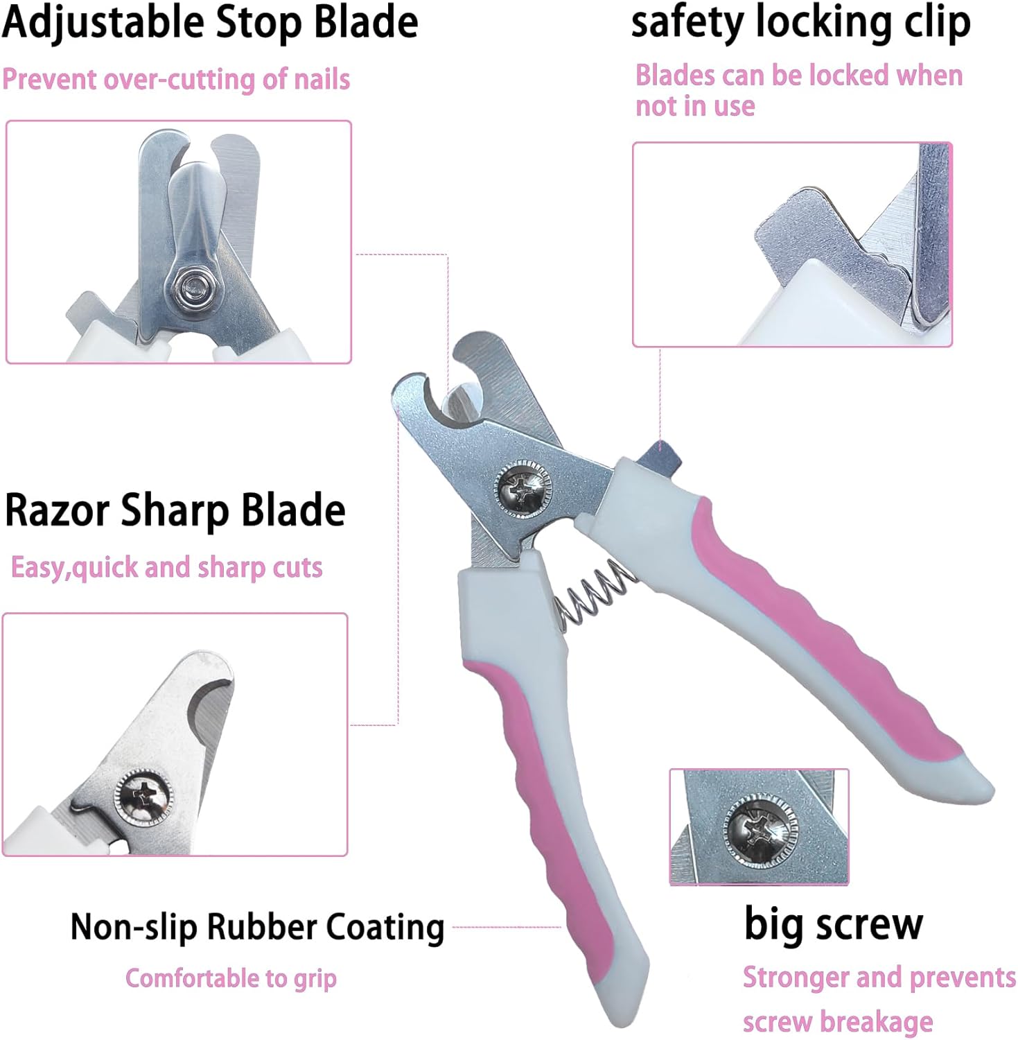 5Pcs Dogs and Cats Grooming Nail Clippers Kit Pet Claws Nail Clipper Trimmers, with Protective Guard Lock to Avoid Over Cutting, Professional Trimmers for Large and Small Cat and Dog Animal. (Pink) - Image 5