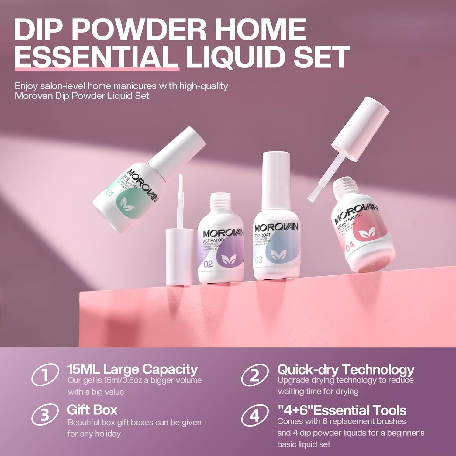Morovan Dip Powder Liquid Set with Activator Base Top Coat and Dipping Powder Brush Saver 4pcs 0.5oz for Dip Powder Nail Kit - Image 2