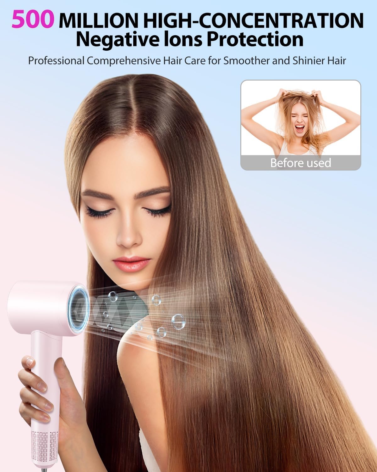 Hair Dryer Blow Dryer,180000 RPM High-Speed Brushless Motor 500 Millions Negative Ionic hairdryer for Fast Drying, Quiet Thermo-Control Hair dryers for Women Home Travel Salon (Pink) - Image 6
