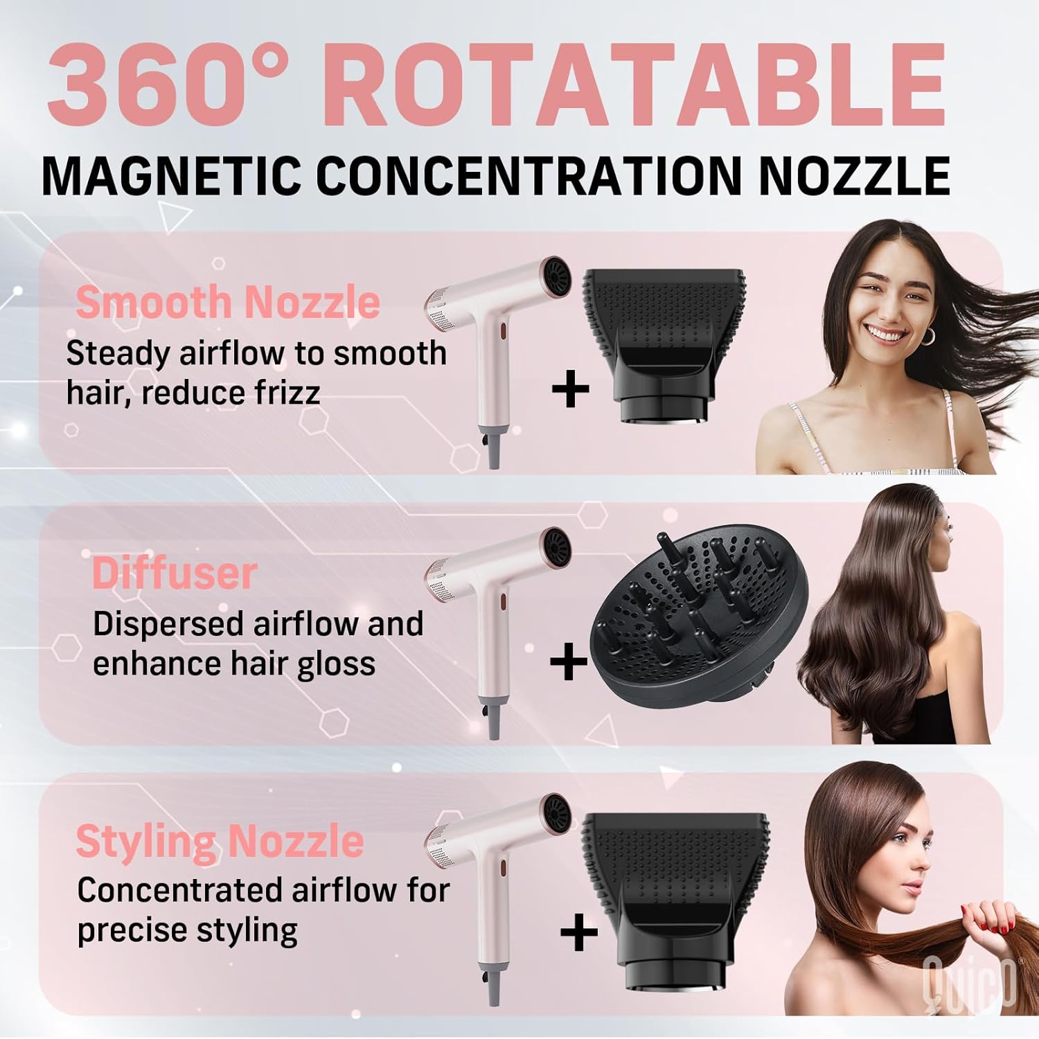 Quico Hair Blow Dryer for Women, 7X Faster BLDC Motor, Quiet 1875W 110000 RPM 2 Billion Negative Ionic Salon with Diffuser, Adjustable Temp & Speed, Portable Hair Dryer for Home Travel, Pink - Image 7