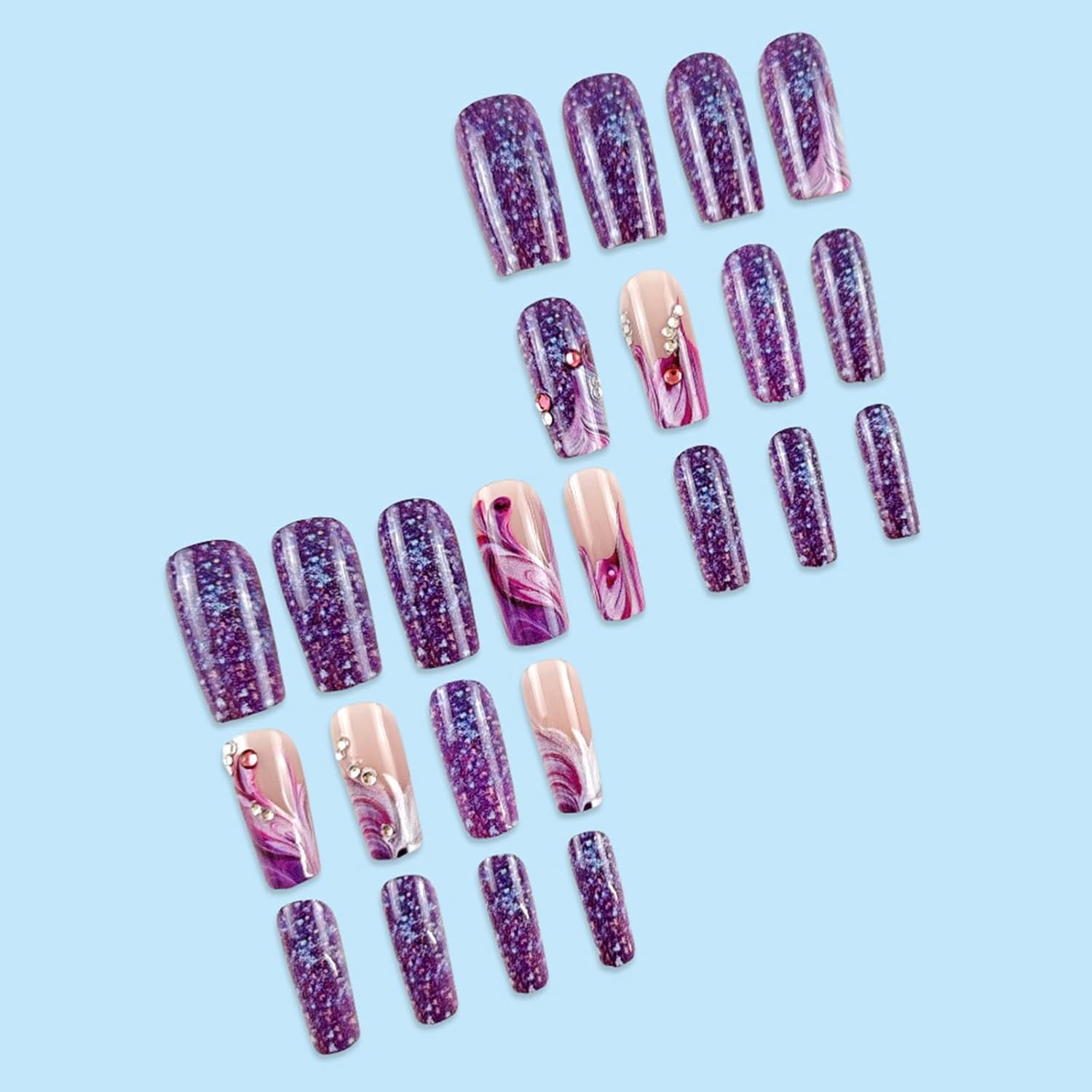 24Pcs Purple Press on Nails Medium Square Fake Nails with Rhinestone Designs Spring False Nails Purple Glitter Acrylic Nails Glossy Glue on Nails Full Cover Stick on Nails for Coquette Women - Image 6
