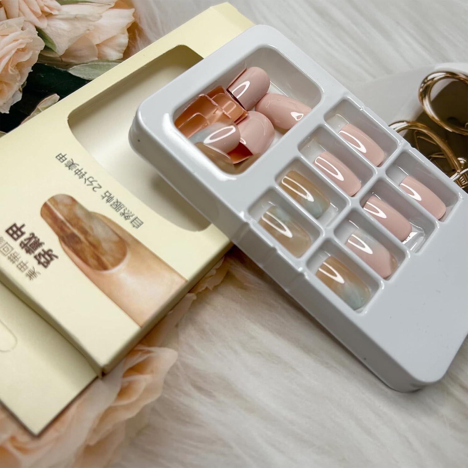 Gradient Blue Press on Nails Medium Square Fake Nude Pink Marble Design Acrylic False Nail Wavy Glue on Full Cover Glossy Nude Stick on for Woman Girls Manicure 24Pcs - Image 3
