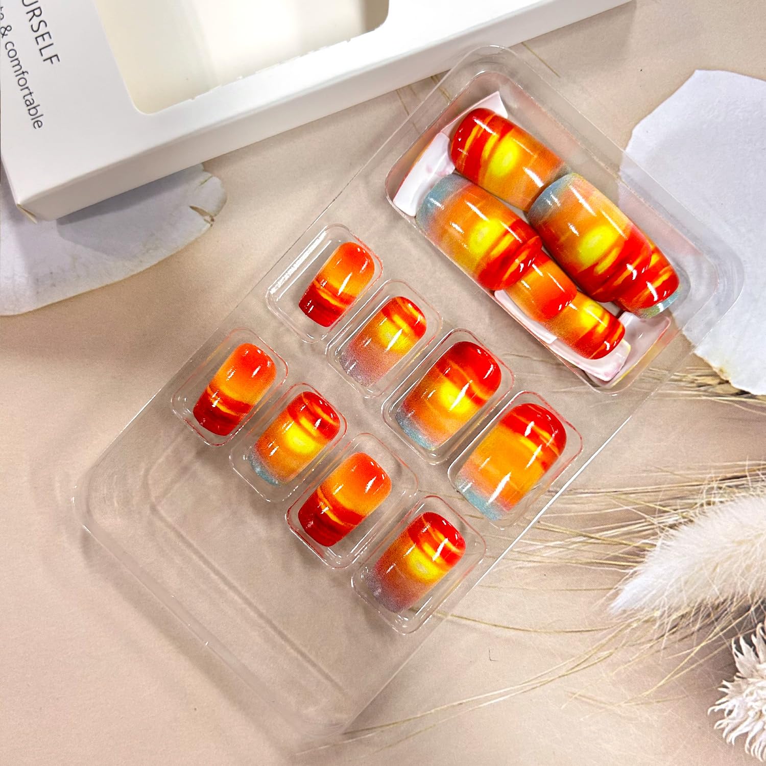 TBRZTR Sunset False Nails Press on Nails Medium Square Fake Nails Clouds Pattern Design Acrylic Nails Full Cover Stick on Nails Press Nails with Charm Acrylic Glossy Glue on Nails for Women 24Pcs - Image 3