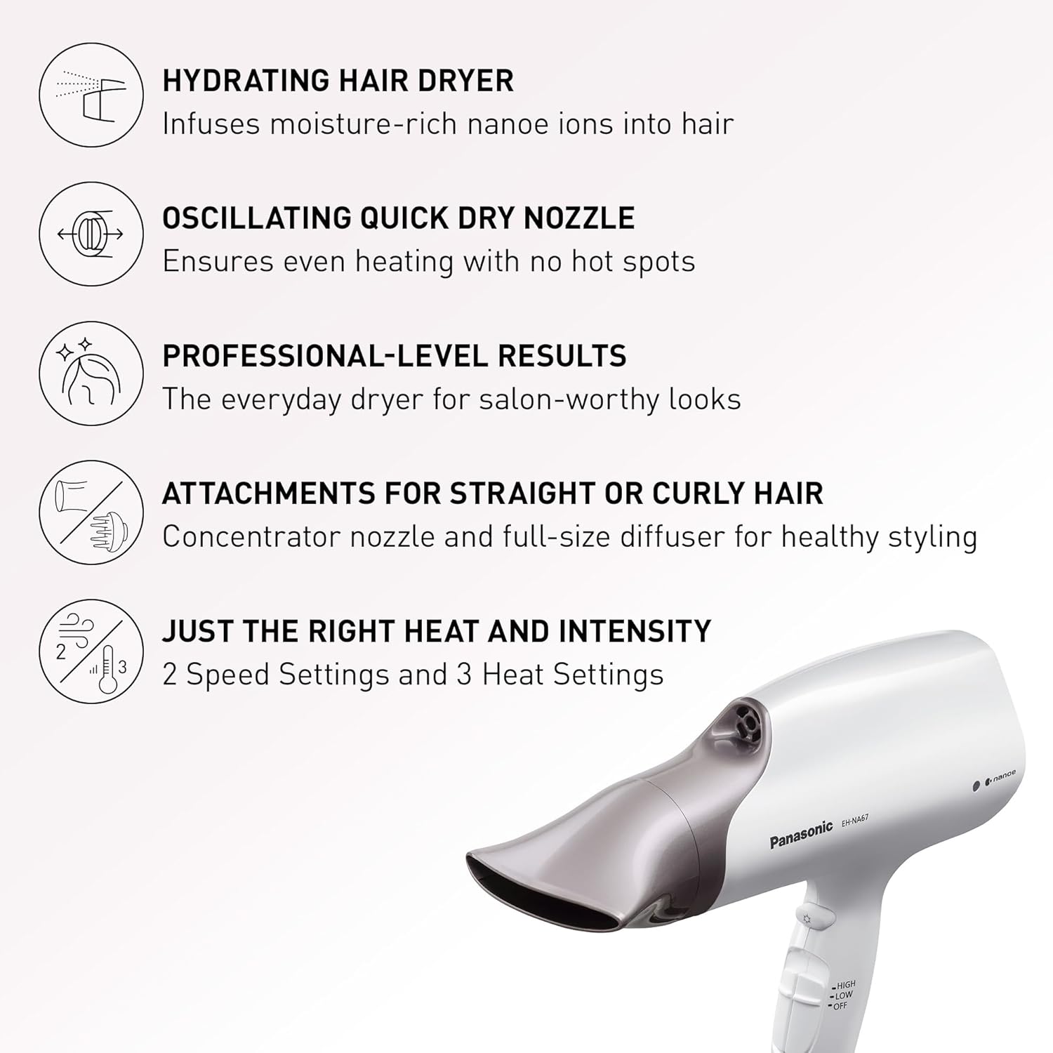 Panasonic Nanoe Salon Hair Dryer with Oscillating QuickDry Nozzle, Diffuser and Concentrator Attachments, 3 Speed Heat Settings for Easy Styling and Healthy Hair - EH-NA67-W (White) - Image 2
