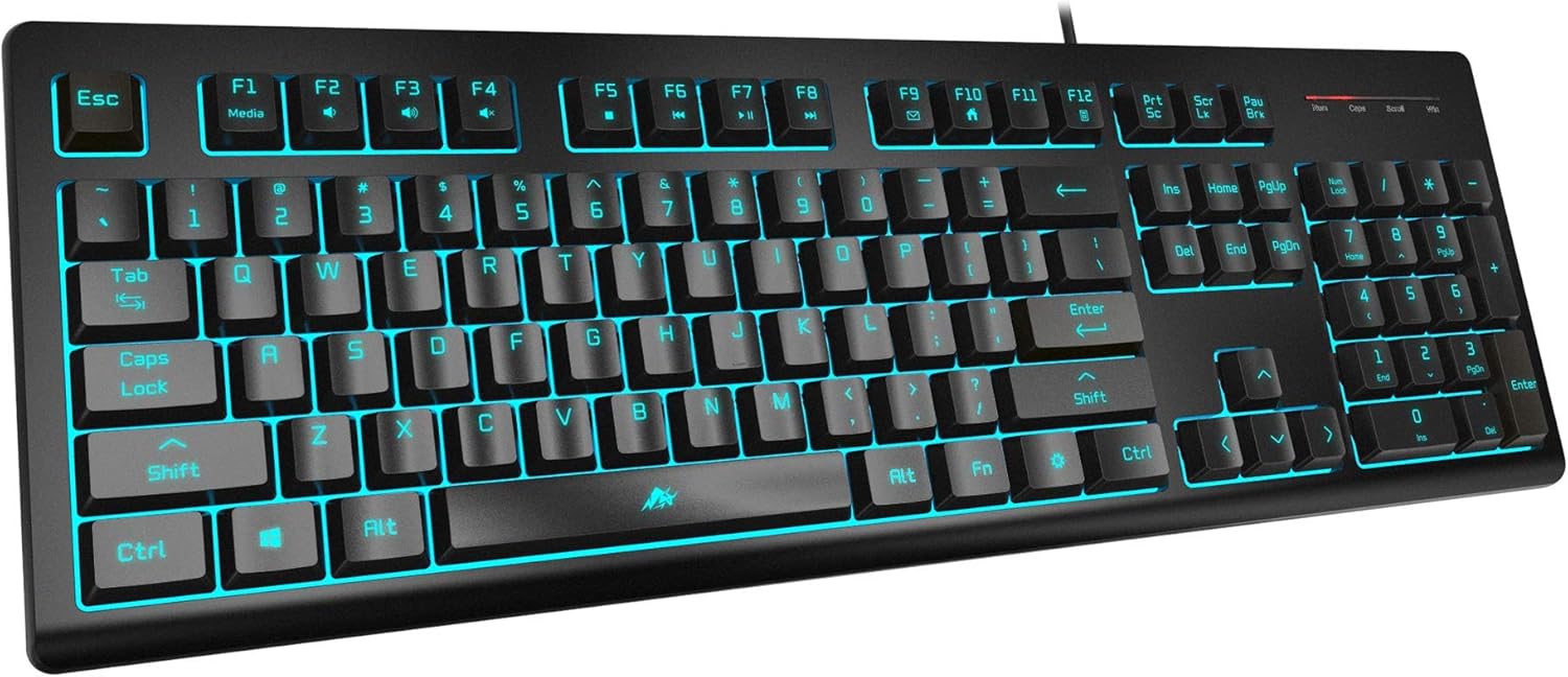 Light Up Quiet Gaming Keyboard - Membrane Silent Wired Keyboard with Low Profile Lighted Key for Computer, Windows PC Gamer - Full Size, Black