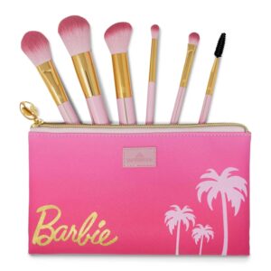 Impressions Vanity 6 PCs Barbie Malibu Makeup Brush Set with Makeup Pouch, Aluminum Ferrule Pink Handle Soft Bristles Makeup Brushes for Foundation, Face Powder, Eye Shadow and Liner Application