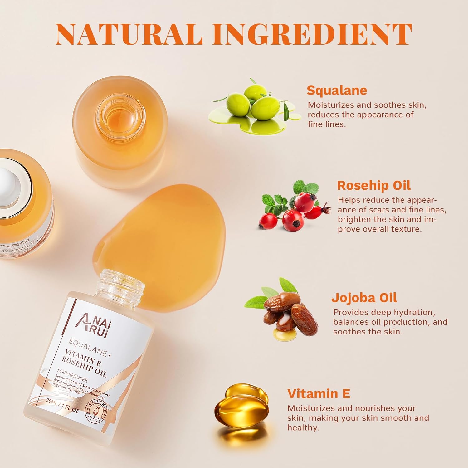 ANAI RUI Squalane + Vitamin E Rosehip Oil Moisturizer for Face Hydrate, Reduce Scars and Stretch Marks, Wrinkles for Smoother, Softer Skin 1 fl. Oz - Image 3