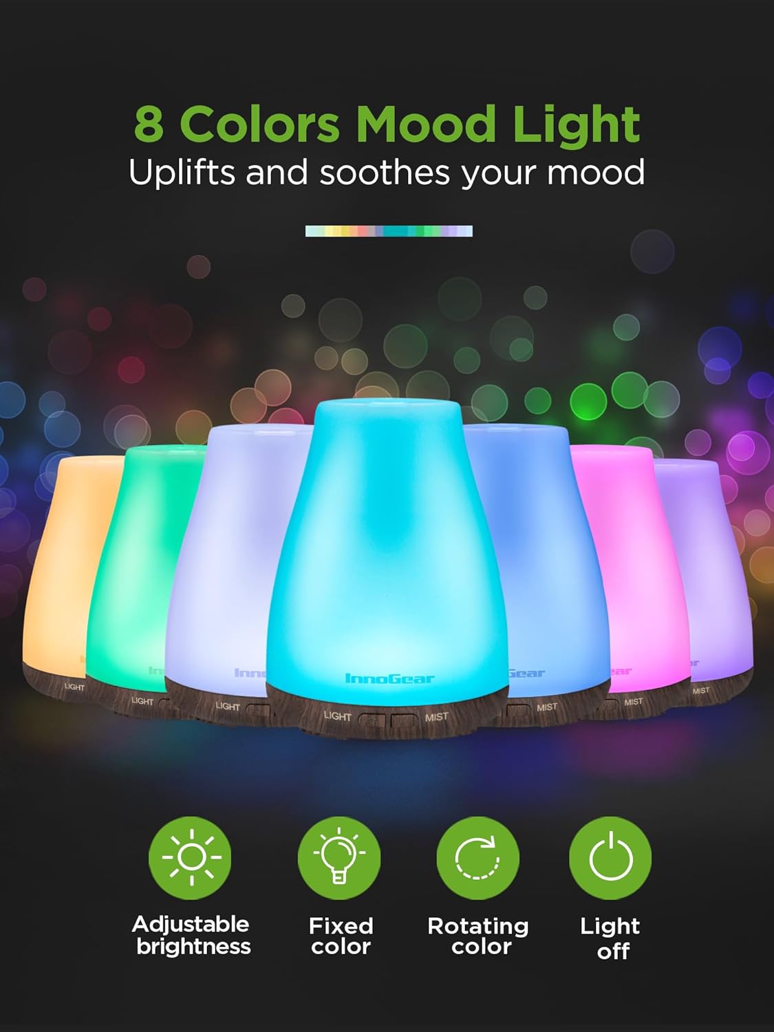 InnoGear Essential Oil Diffuser, Premium 5-in-1 Diffusers for Home Scent Aromatherapy Diffuser Air Desk Humidifier for Bedroom Large Room Office 7 Color LED 2 Mist Mode Waterless Auto Off, Brown Base - Image 5