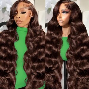 13x6 Chocolate Brown Lace Front Wig 250 Density HD Lace Front Wigs Human Hair Body Wave Lace Frontal Wig Pre Plucked Natural Hairline 4# Brown Wig Human Hair for Women 26 Inch