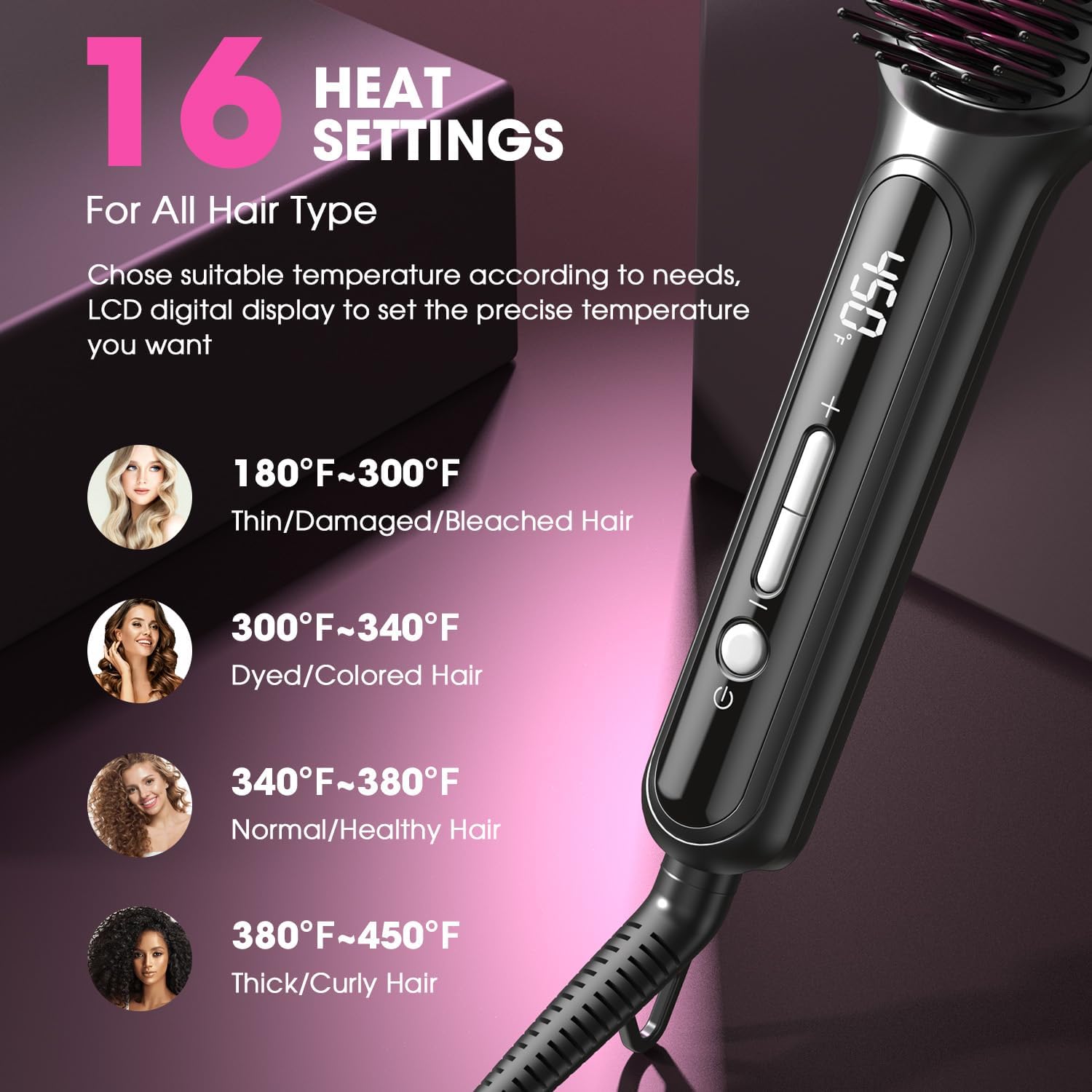 MiroPure Hair Straightener Brush with Plasma Technique, Ceramic Straightening Brush with 16 Temp Settings 30s Fast Heating, Hair Straightener Comb for Women with LED Display & Dual Voltage, Black - Image 4