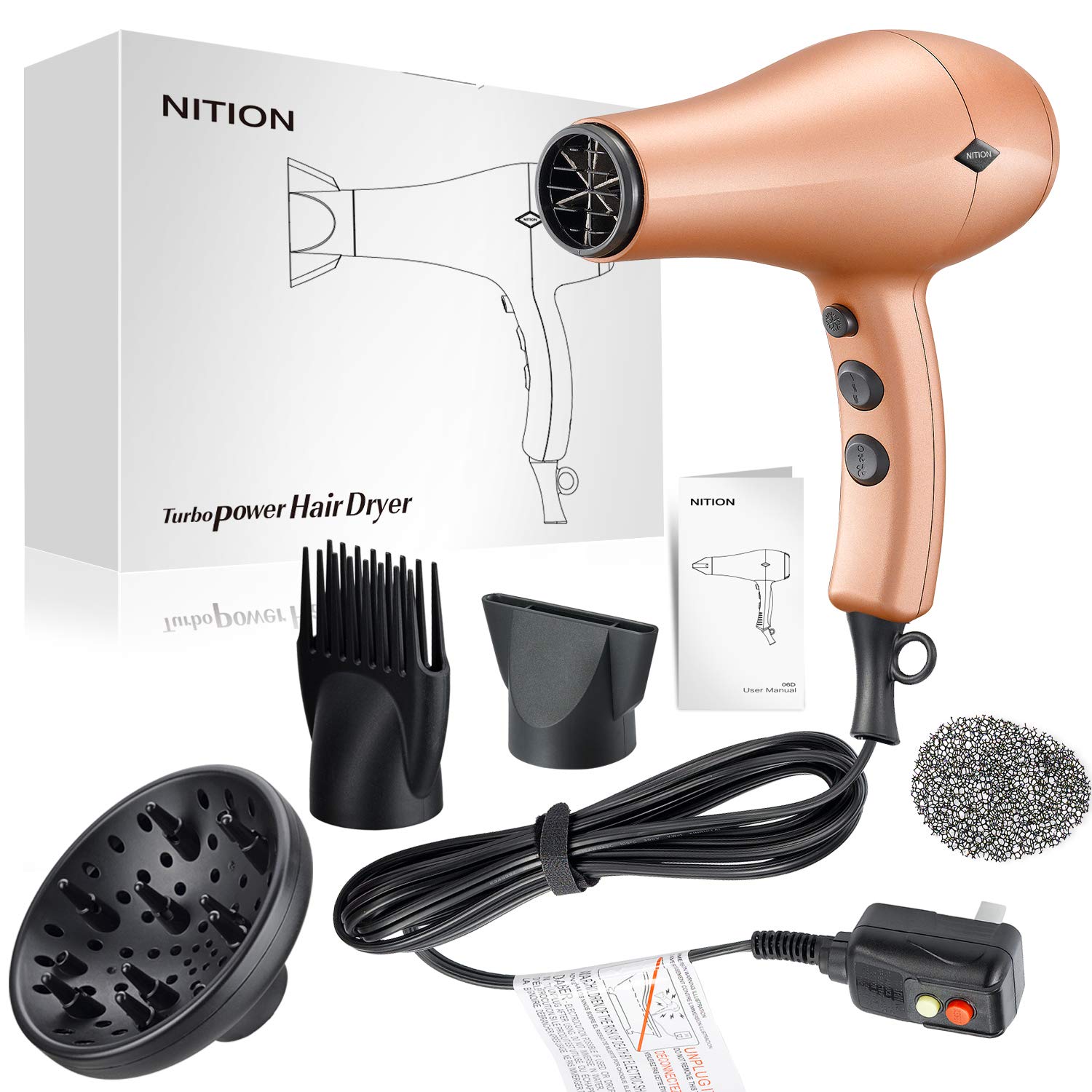 NITION Negative Ions Ceramic Hair Dryer with Diffuser(Large Size 5.3 inch) Attachment Ionic Blow Dryer Quick Drying,1875 Watt 2 Speed / 3 Heat Settings,Cool Shot Button,Lightweight,Gold - Image 8