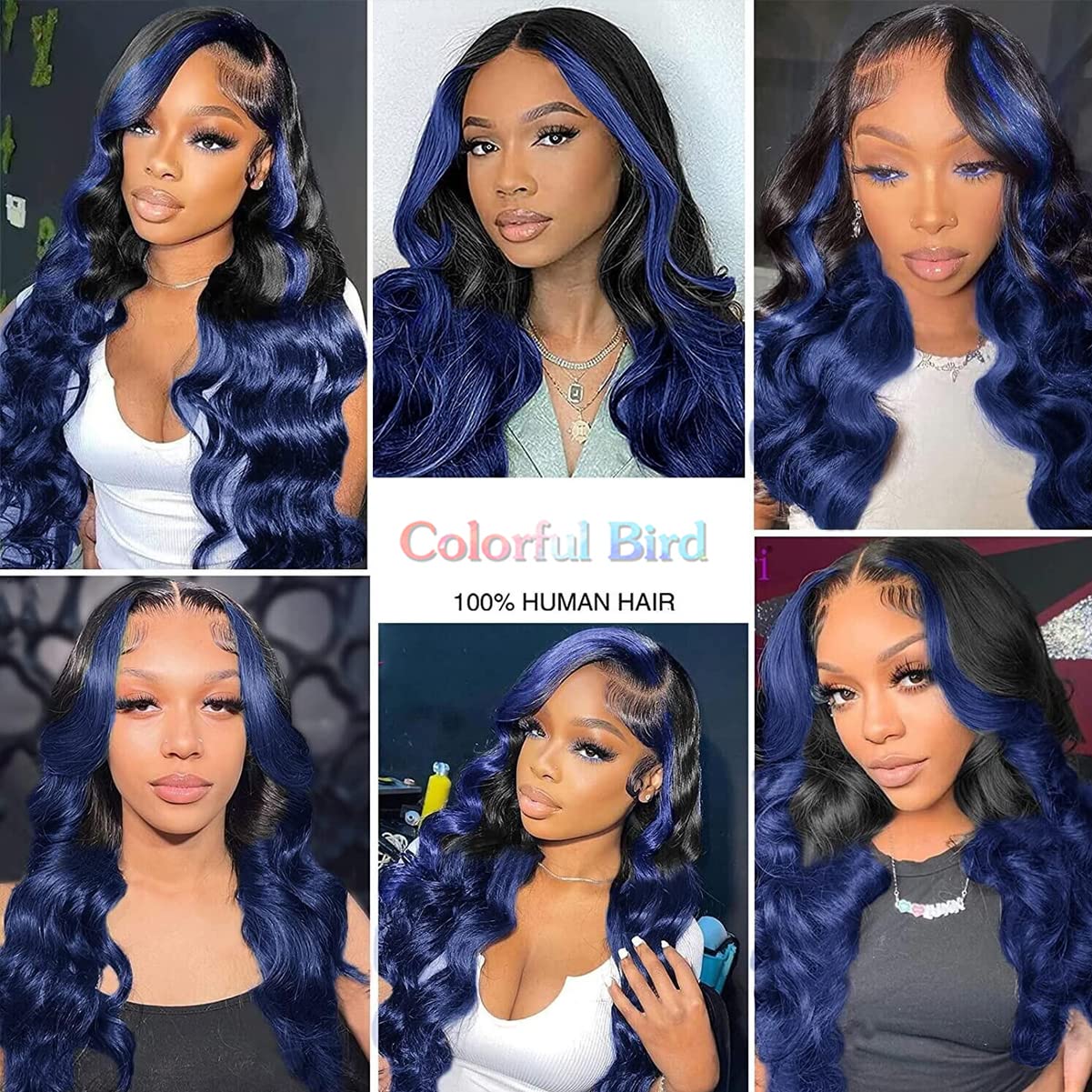 Colorful Bird Ombre Blue Lace Front Wigs Human Hair Body Wave 13x4 Skunk Stripe Royal Blue Lace Front Wigs 150% 1B/blue Ombre Highlight HD Lace Front Wig Human Hair Pre Plucked with Baby Hair 18 inch - Image 5