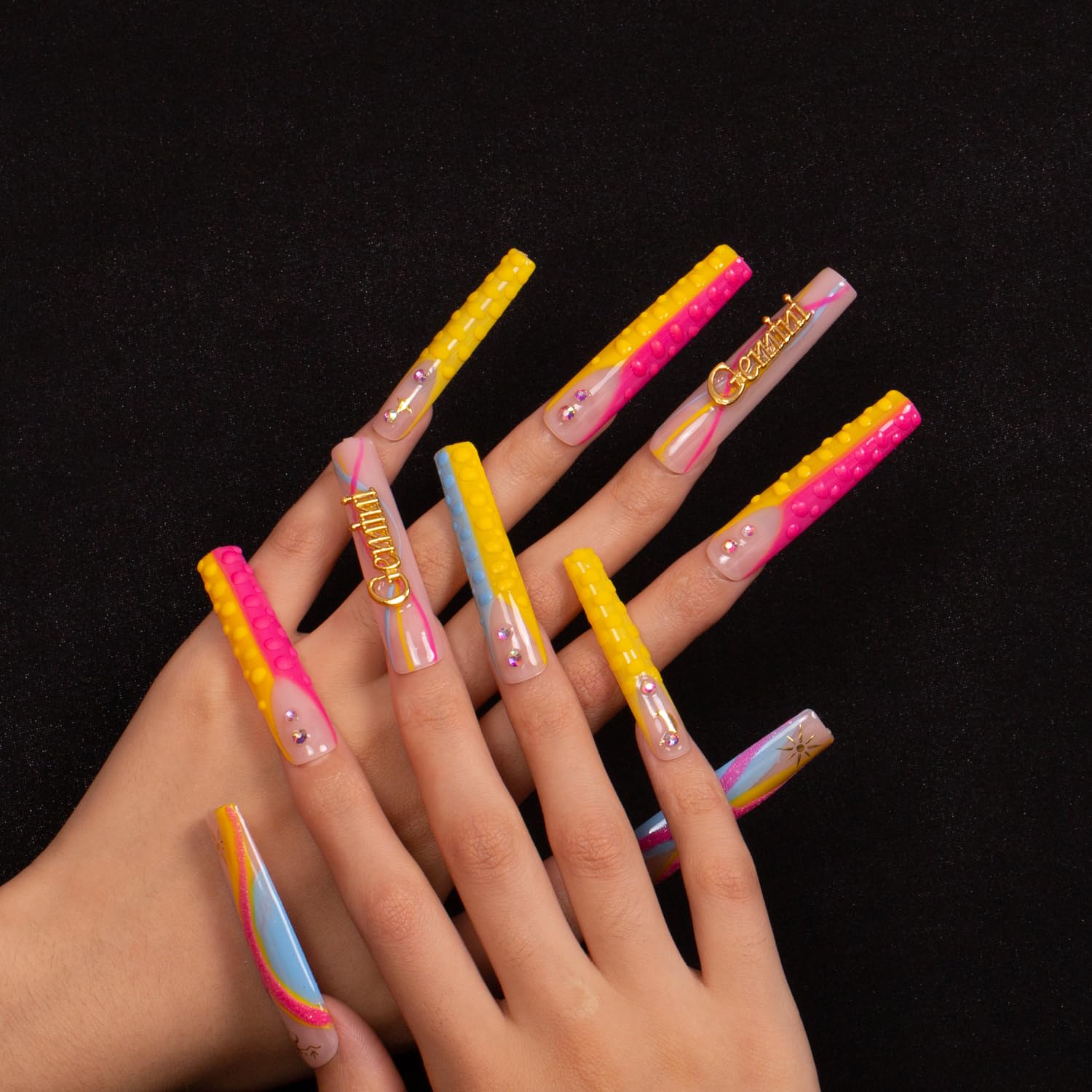 Press on Nails Gemini Blue French Tip Curve | Handmade with Full Covered Crystals | Reusable Fake Nails | Square Long 2.2 in | H172-S - Image 9