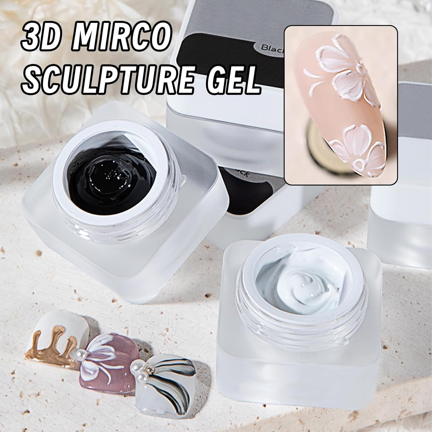 Mirco Sculpture Painting Nail Gel with Chrome Nail Powder, 3D Black Painting Carved Nail Gel, Metallic Mirror Effect, Creative Molding Gel for DIY Nail Home Salon Manicure Soak Off UV LED - Image 6
