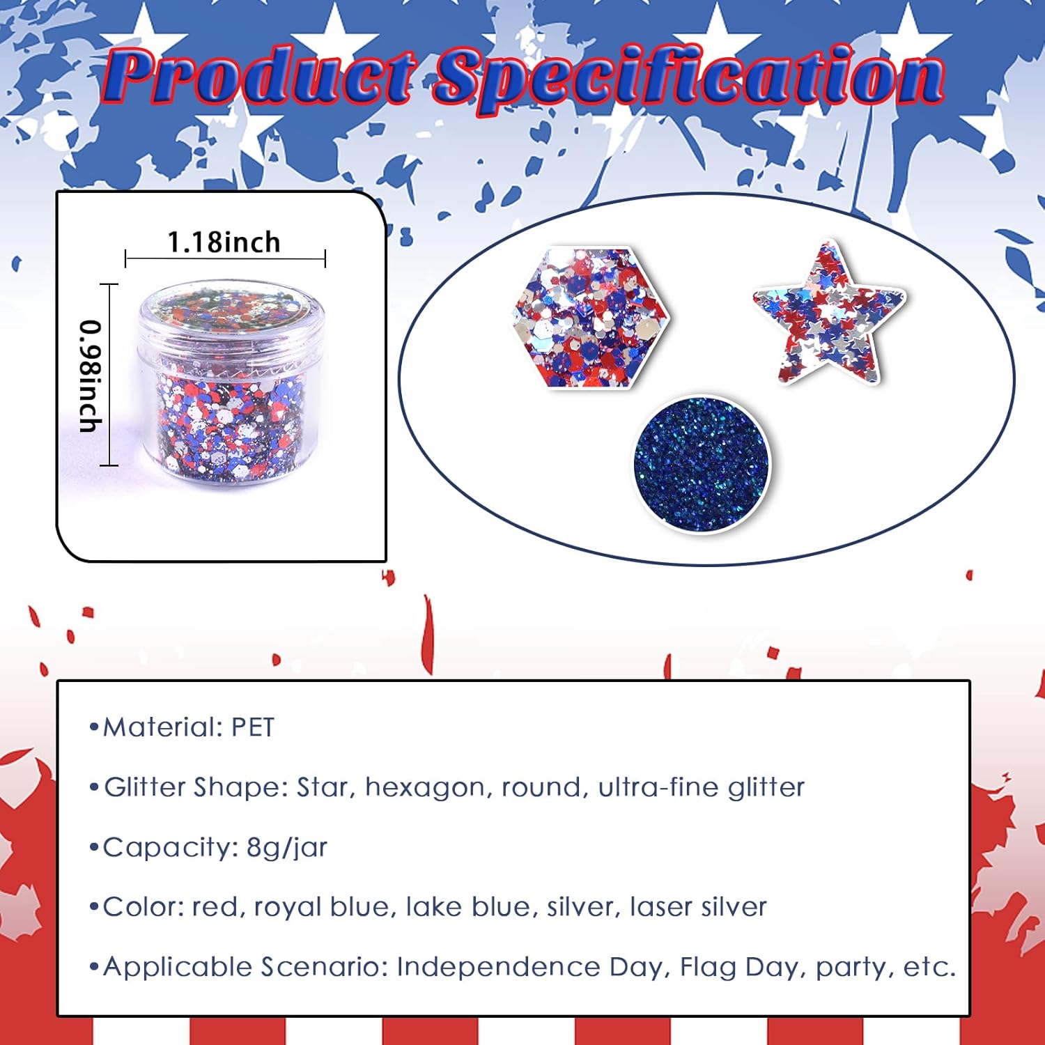 Laza Independence Day Nail Art Glitters 12 Colors Red Blue Silver Fine Powder Chunky Star Sequins Hexagon Confetti 4th of July Nail Decals Festival Polish Nail Art Supplies - Colorful Holiday - Image 3