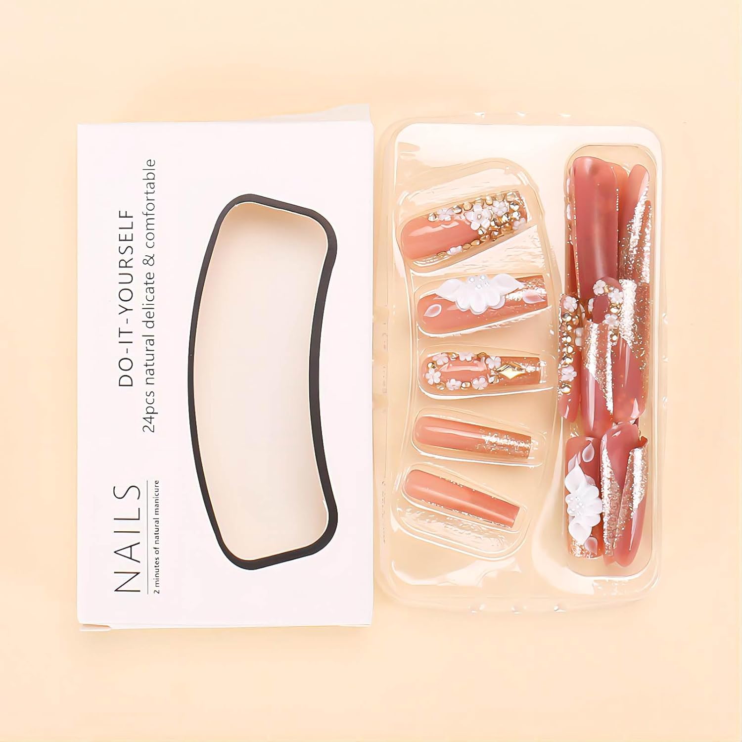 Long Press Pink Coffin Fake Nails with French Tip, 5D White Flower Designs, Gold Rhinestones, Glossy Glue on Nails for Women - Image 3