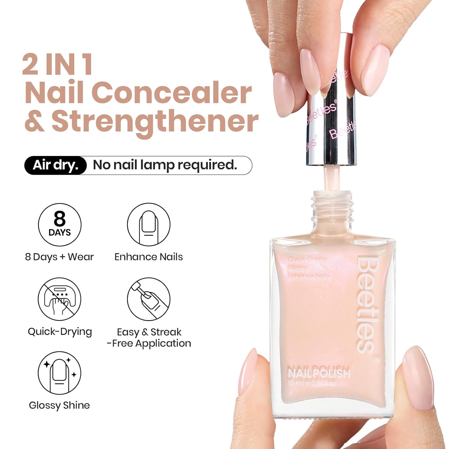 Beetles Nail Polish - Nude Nail Polish Shimmer Nail Concealer Fast Dry Quick Natural Nail Strengthener and Growth Treatment for Thin and Damaged Nails,0.51 FL OZ - Image 2