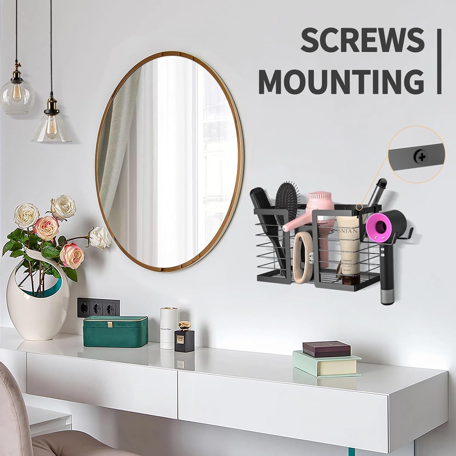 Hair Tool Organizer - Hair Dryer Holder, 3 in 1 Metal Bathroom Organizer Wall Mount for Flat Iron, Curling Iron, Straightener, Styling Tools Bathroom Storage and Organizer (Black) - Image 6