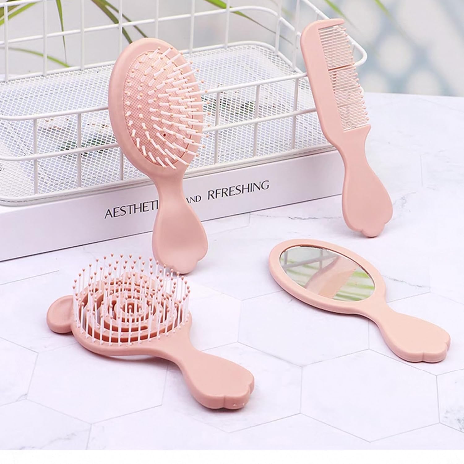 4 Pieces Mini Hair Brush Hair Comb Set For Women Girls Kids Toddler Small Travel Hair Combs Brushes Handheld Mirror Set Detangling Comb Massage HairBrush with Air Cushion (Pink) - Image 9