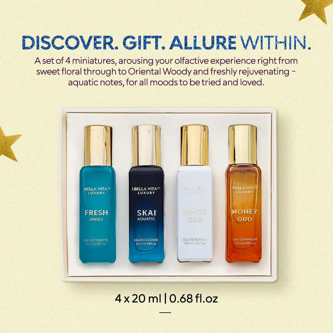 BellaVita Luxury Unisex Cologne Gift Set (4x20ml) | Fragrances Includes Honey OUD, SKAI, FRESH & White OUD | Travel Size Mini Perfumes & Spicy Vanilla Perfume Oil | Unisex Perfume for Women & Men - Image 3