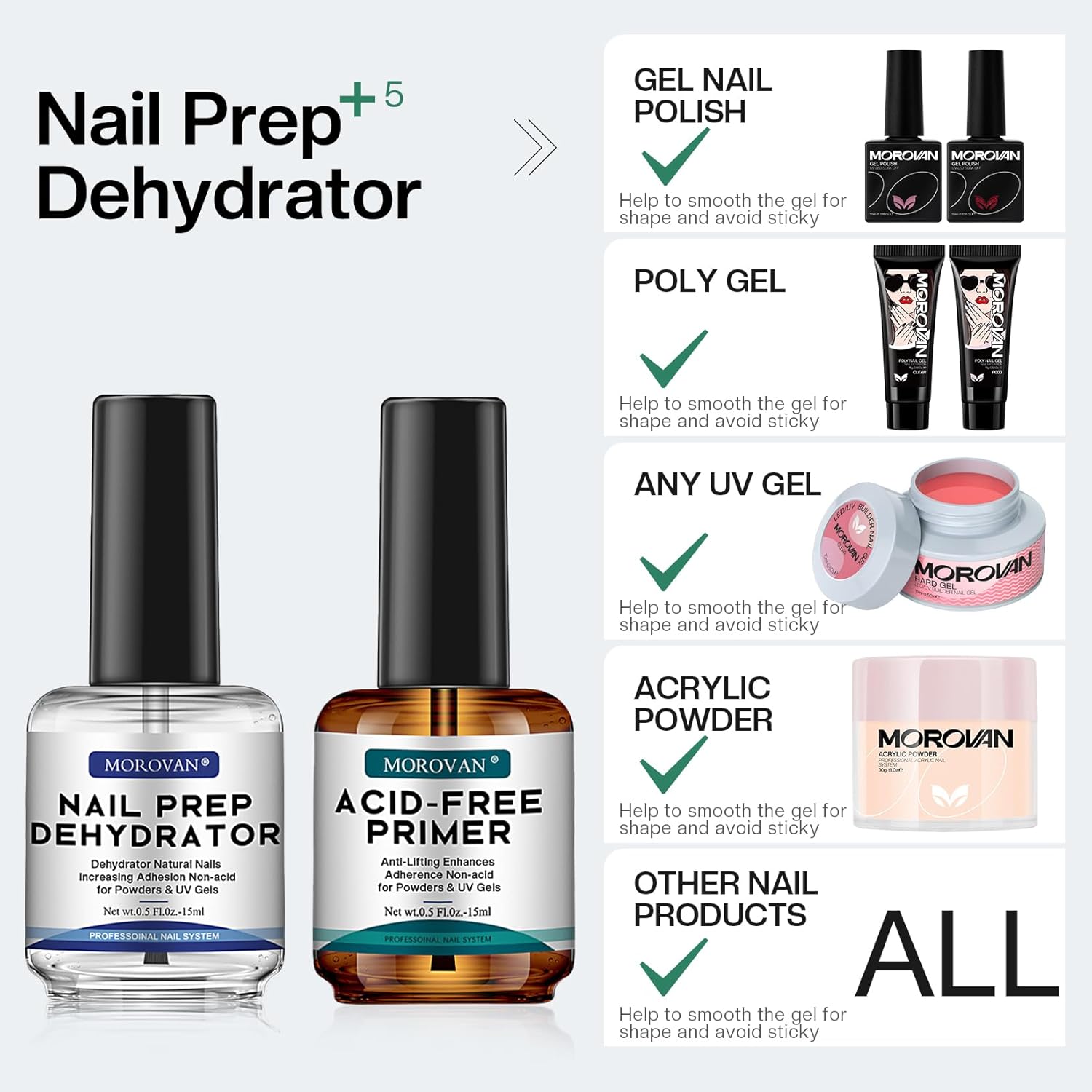Morovan Professional Natural Nail Prep Dehydrate and Acid-Free Primer, Dehydrator for Acrylic and Gel Nail Polish, Non Acid Primer for UV Gels Fast Dry Superior Bonding Agent Gift Box Set - Image 6