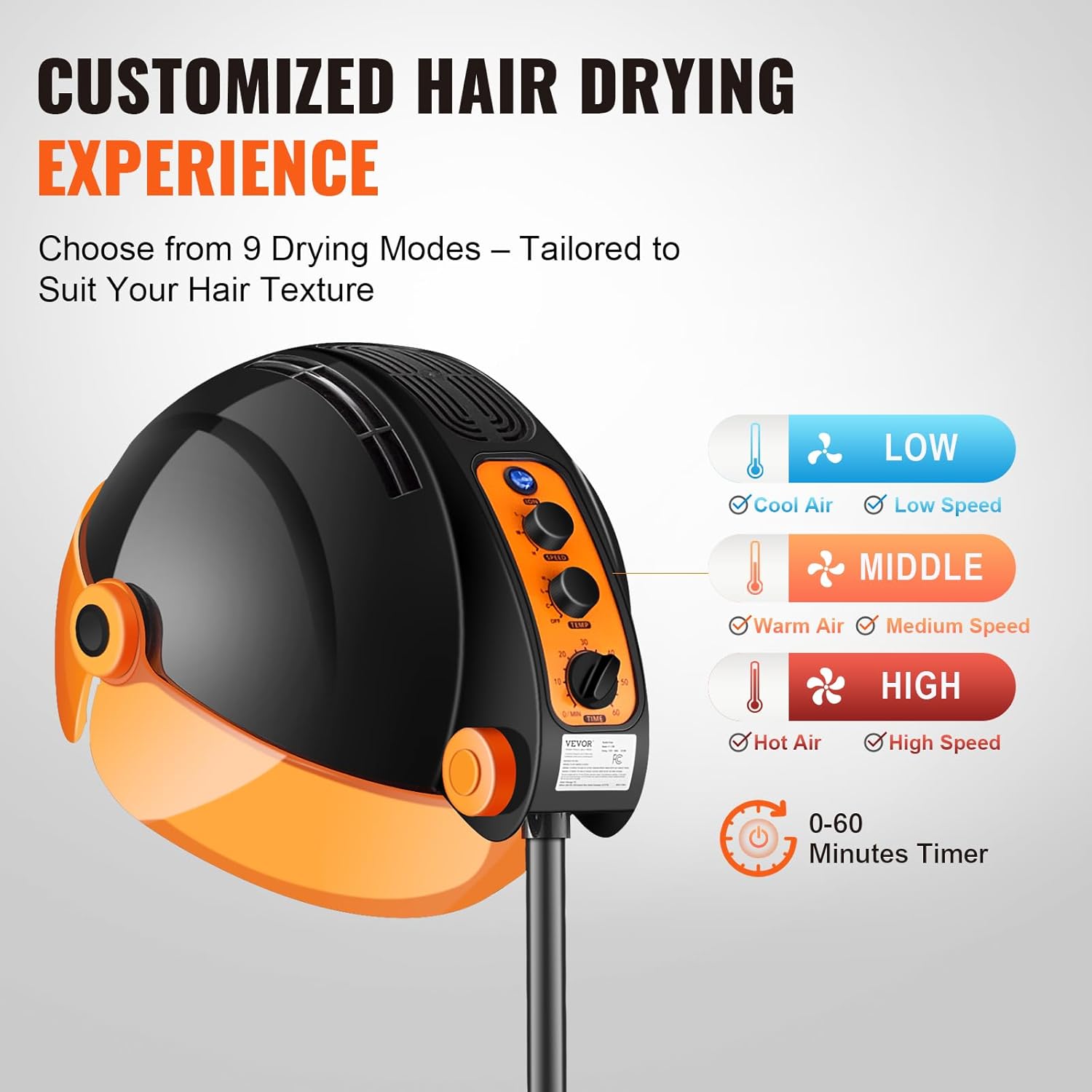 VEVOR Ionic Hooded Hair Dryer with Variable Speed & Temperature Adjustment, 1875W, Sit Under Hair Dryer with Timer for Beauty Salon Home Spa, Black Ionic W/ Timer - Image 2
