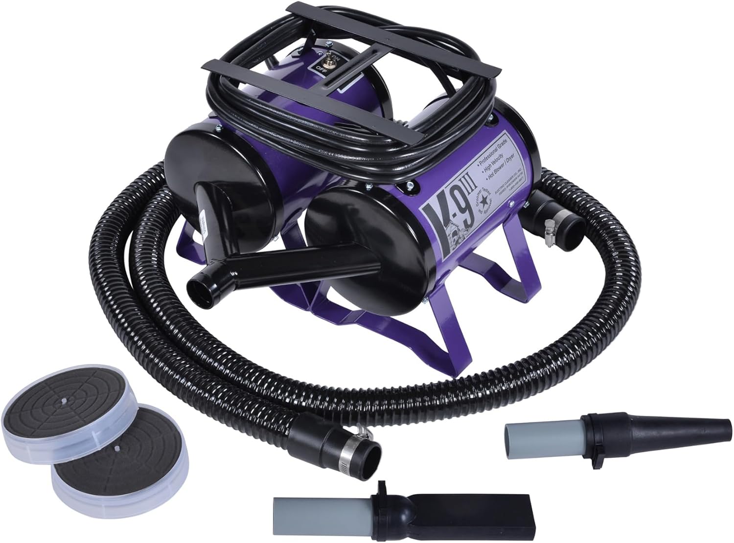 K9 III Dog Blow Dryer - High Power Grooming Dryer, Heavy Duty, 10' Hose, Deshedding, Metallic Purple