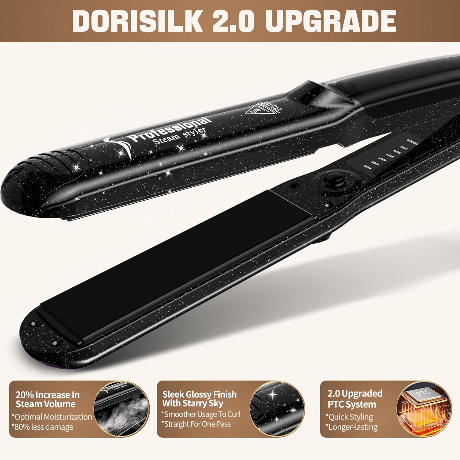 DORISILK 2.0 Upgraded Steam Straighteners for Hair, Professional Salon Ceramic Tourmaline Vapor Steam Flat Iron Hair Straightener and Curler 2 in 1 Straightening Curling Iron, Dual Voltage LED Temp - Image 4