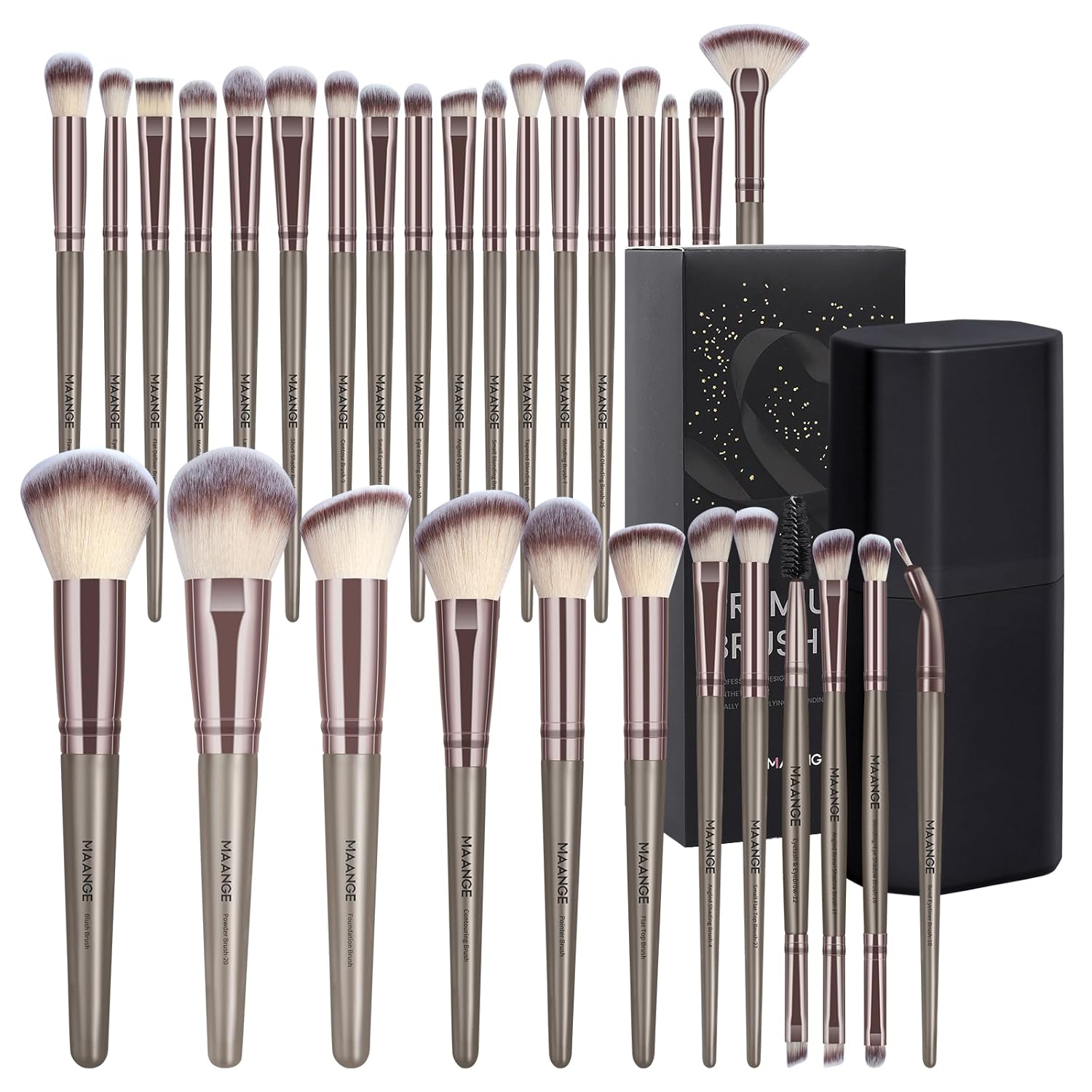 MAANGE 30 Pcs Professional Makeup Brushes with Case, Premium Synthetic Face Foundation Powder Blush Eyeshadow Blending Eye Brush Set Travel Makeup Brushes Set(Champagne)