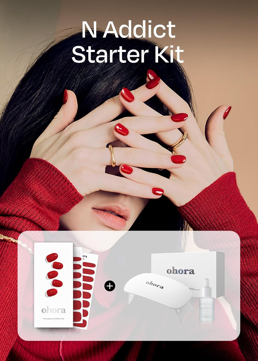 ohora Bundle Set (N Addict Starter Kit) - Red Solid Gel Nail Strips with UV/LED Lamp and Mini Remover, Salon-Quality, Long Lasting, Easy to Apply & Remove - Includes Prep Pads, Nail File, Wooden Stick - Image 2