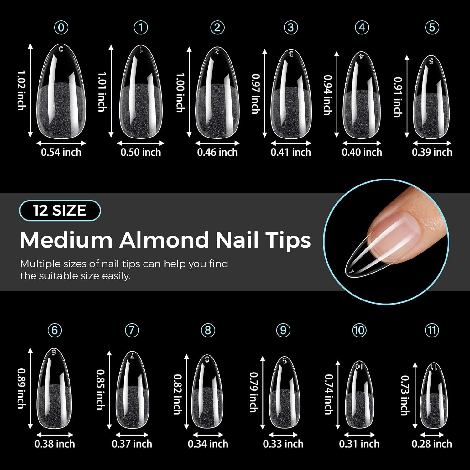 TOMICCA Clear Nail Tips Acrylic Nails 240Pcs Fake nails Medium Almond Nail Tips Pre-shape Gel Nails for Nail Extension False Nail Tips 12 Sizes - Image 5
