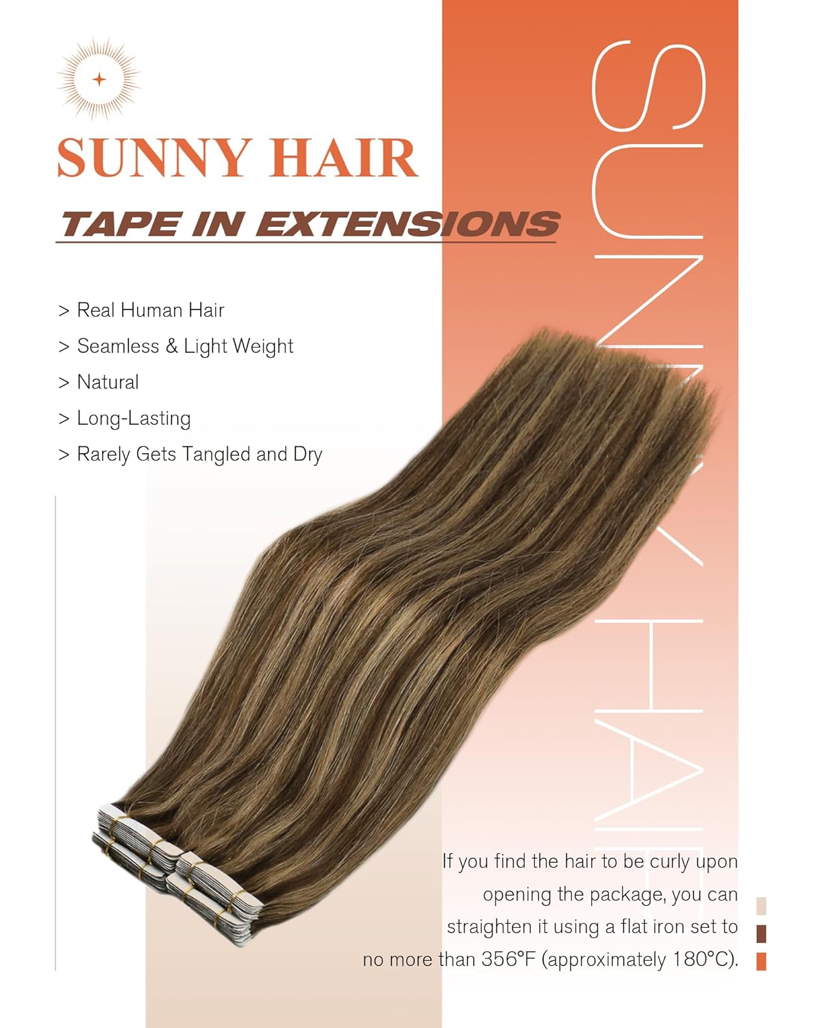 Sunny Hair Tape in Hair Extensions Real Human Hair Invisible Remy Hair Extensions Tape ins for Women Dark Brown Highlight Caramel Blonde 18 inch 20Pcs 50G - Image 3