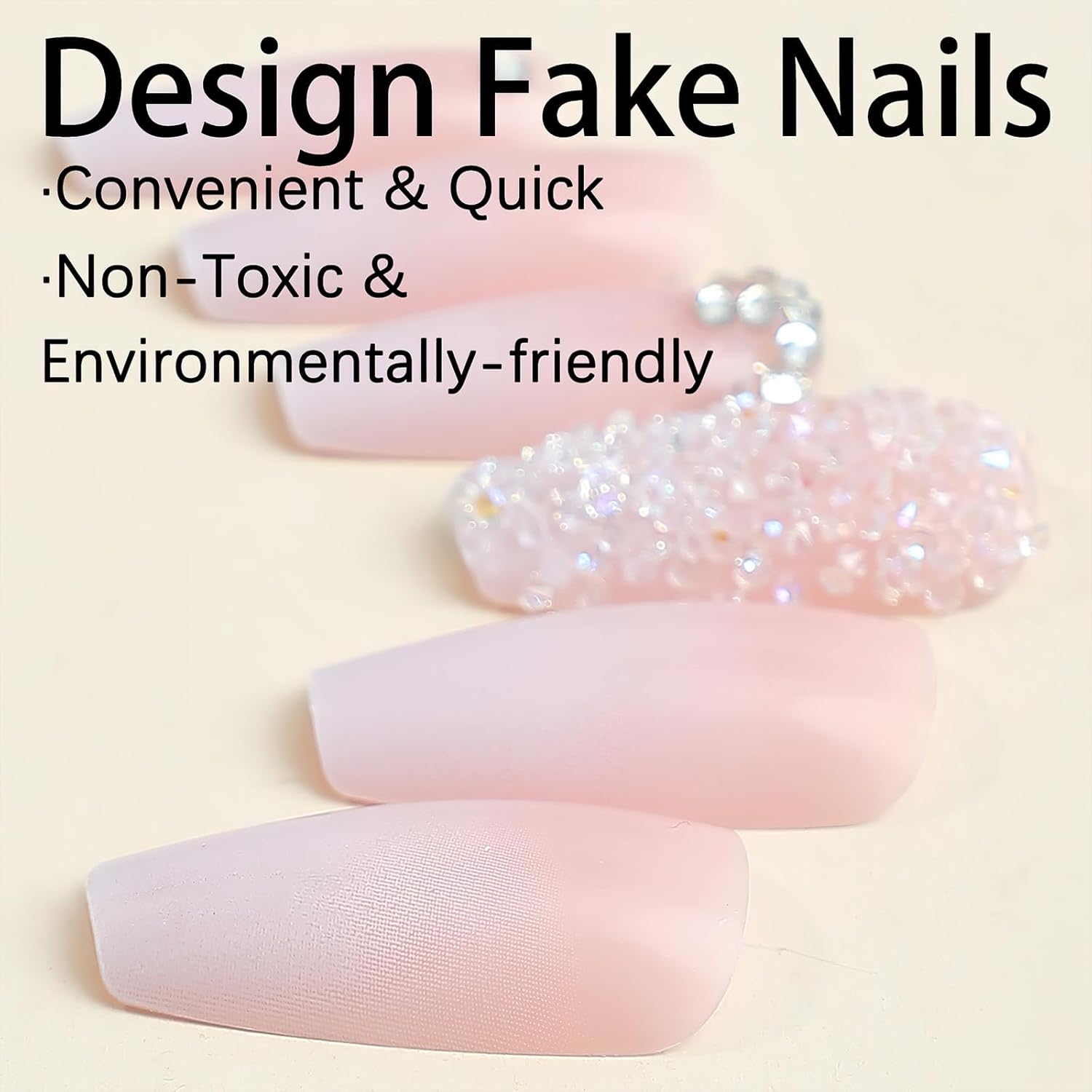Pink Press on Nails Long Square Coffin Fake Nails Pink White Ombre Full Cover Acrylic Nails Glossy Gradient False Nails with Design Rhinestone Stick on Nails for Women Girls Manicure 24Pcs - Image 2