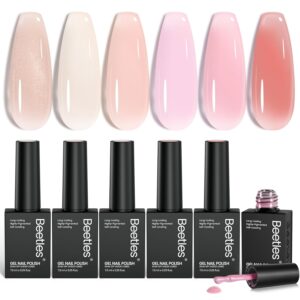 Beetles Jelly Gel Nail Polish Set - 6 Colors Nude Pink Gel Polish Kit Neutral Shimmer Translucent Sheer Gel Soak off Uv Nail Concealer Peach Juice Collection French Nail Art Manicure Gift for Women