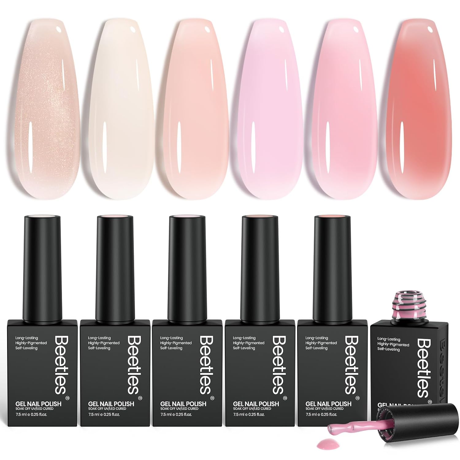 Beetles Jelly Gel Nail Polish Set - 6 Colors Nude Pink Gel Polish Kit Neutral Shimmer Translucent Sheer Gel Soak off Uv Nail Concealer Peach Juice Collection French Nail Art Manicure Gift for Women