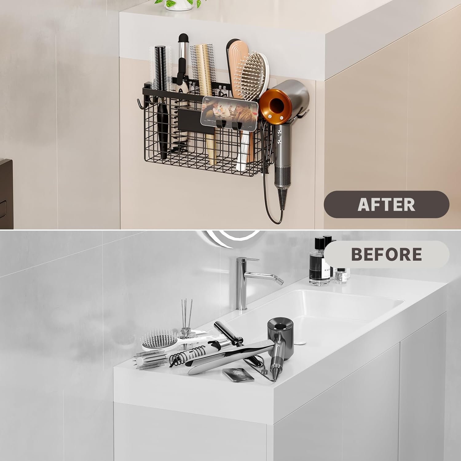 Hair Dryer Holder Cabinet Door 3-in-1 Adhesive Hair Tool Organizer Wall Mounted Adjustable Height Blow Dryer Holder Under Sink Bathroom Hair Appliance Organizer and Storage Countertop(Black) - Image 7