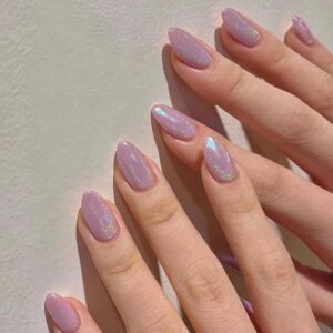 Sparkly Purple Press on Nails Almond Medium Fake Nails Aurora False Nails with Glitter Design Glossy Glue on Nails Full Cover Acrylic Nails Reusable Artificial Nails for Women Girls Manicure 24Pcs