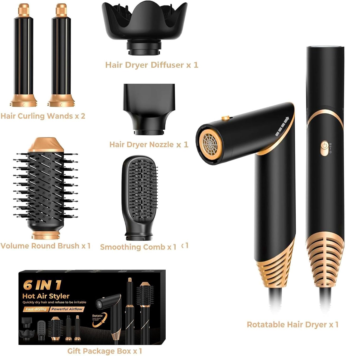 6 in 1 Hair Dryer Brush, Foldable Blow Dryer Brush with Wrap Curler, Detachable Air Hair Styler Curling, Drying,Volumizing, Straightening, Negative Ionic Hair Dryer with Diffuser, Hair Styling Tools - Image 9