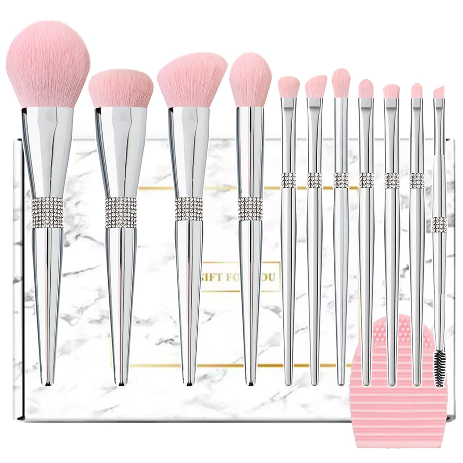 Professional Makeup Brush Set Luxury 11pcs Silver Glitter Crystal Make Up Brush Kit Vegan Soft Synthetic Hair Foundation Eyeshadow Eyebrow Lip Cosmetic Brush Set With Gift Box For Girl - Image 6