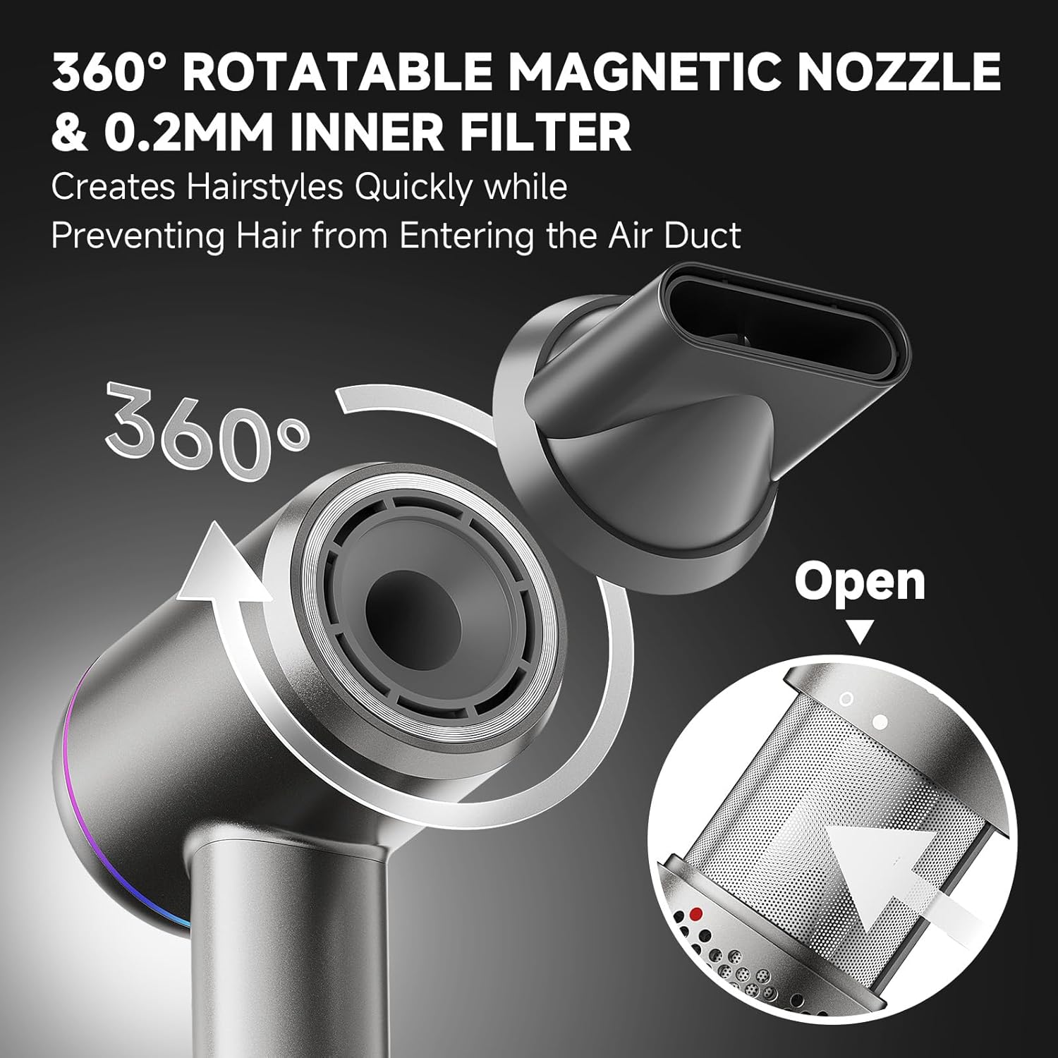 Hair Dryer with Diffuser, 150,000 RPM High Speed Negative Ionic Blow Dryer for Fast Drying, Low Noise, 4 Temps & 3 Speeds, Thermo-Control Hair Dryer with 2 Magnetic Nozzle for Home Travel - Image 7