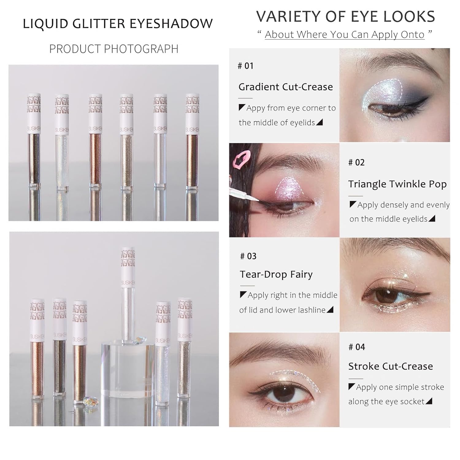 Eye Glitter Liquid Eyeshadow Eyeliner Set(6Pcs), Glittery Korean Makeup Bling Under Eye Shadows, Shimmer Tear Drop Make Up Gift Kit, Quick-Dry, Long-Lasting Loose Glitter Glue for Crystal Makeup - Image 6