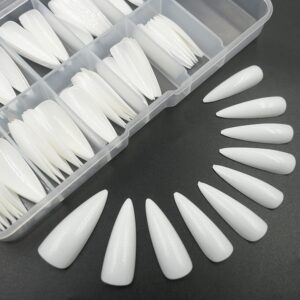 Medium Long Stiletto Glossy Fake Nail 100PC Full Cover Acrylic Press on Nails Art Tips False Nail for Beginner Women and Girls Manicure(White）