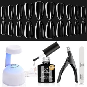 Beetles Almond Gel Nail Kit with 5 In 1 Nail Glue, Pre Shaped Easy Nail Extension Set Clear Medium Almond Glue on Nail Tips & UV Lamp Acrylic Nail Clipper Home DIY Gifts for Women